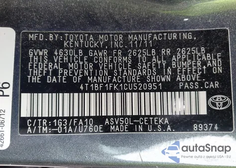 2012 Toyota Camry L z USA, uszkodzony, nr VIN 4T1BF1FK1CU520951